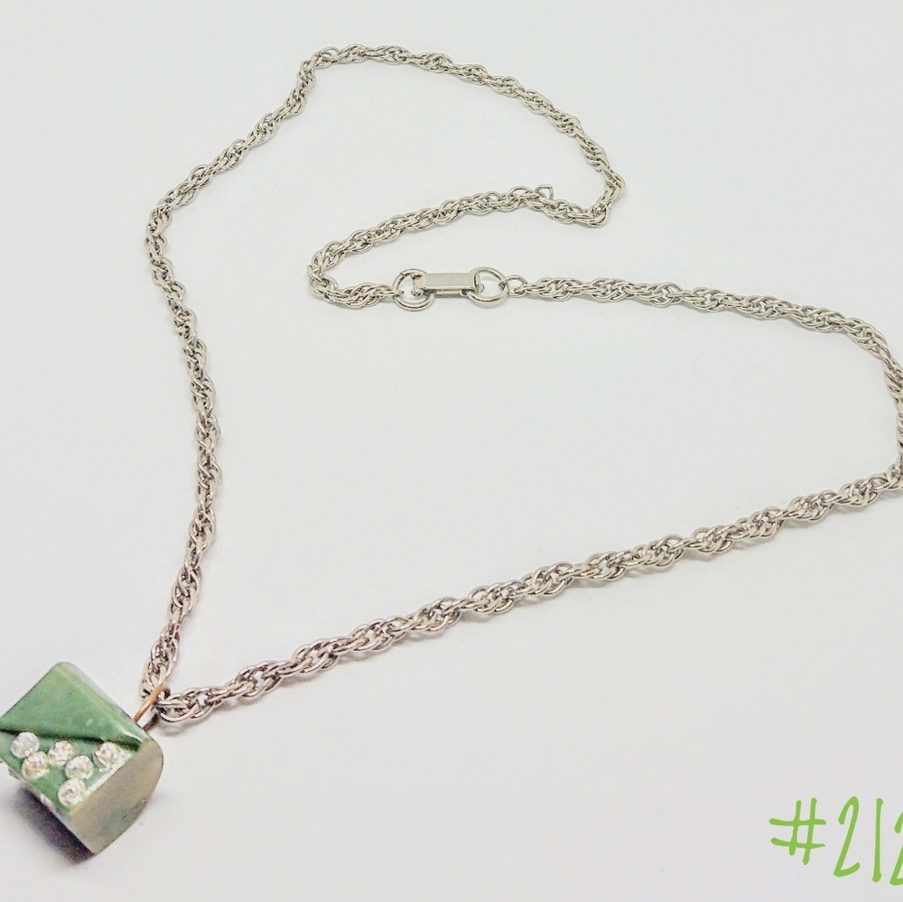 Green Bakelite stone with rhinestones necklace.